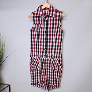 Vintage Benetton Sleeveless‎ Plaid Romper Jumpsuit Shorts Collared Womens